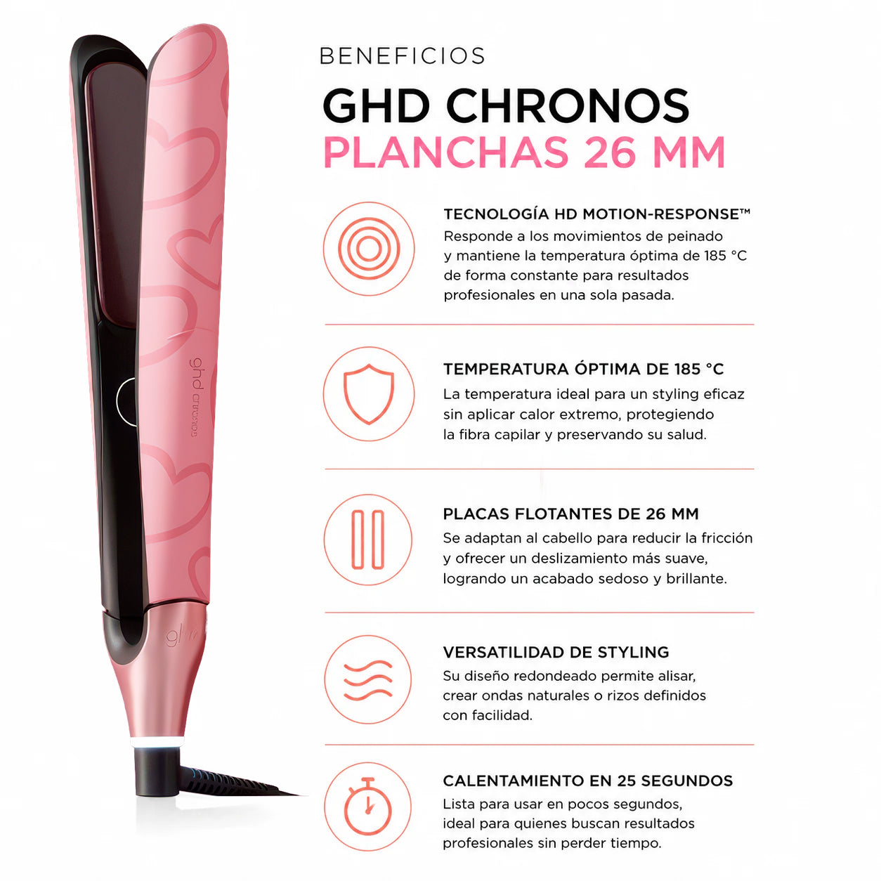Plancha de pelo ghd chronos rosa pastel (Placas 26mm)